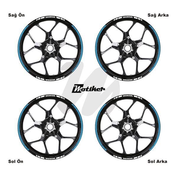 HONDA YAZILI UZUN KISA KESİKLİ ÇİFT RENK 16'LI JANT STICKER ETİKET MODELİ AÇIK MAVİ