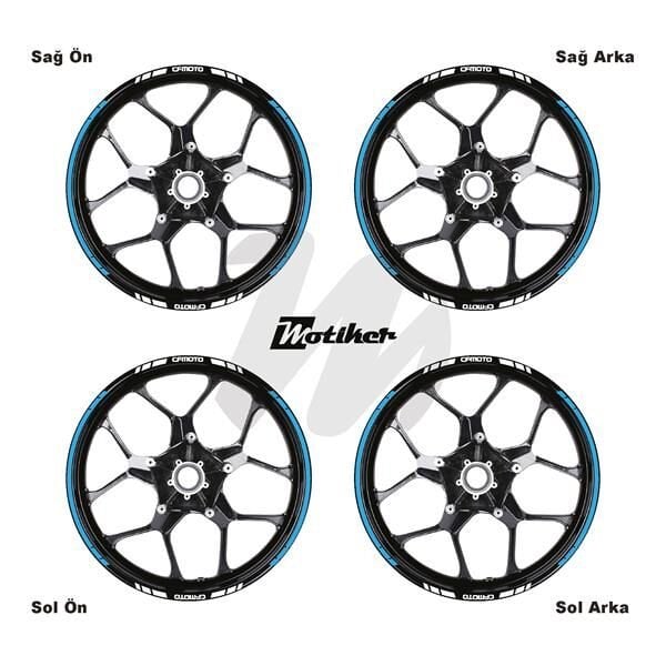 CFMOTO YAZILI UZUN KISA KESİKLİ ÇİFT RENK 16'LI JANT STICKER ETİKET MODELİ AÇIK MAVİ